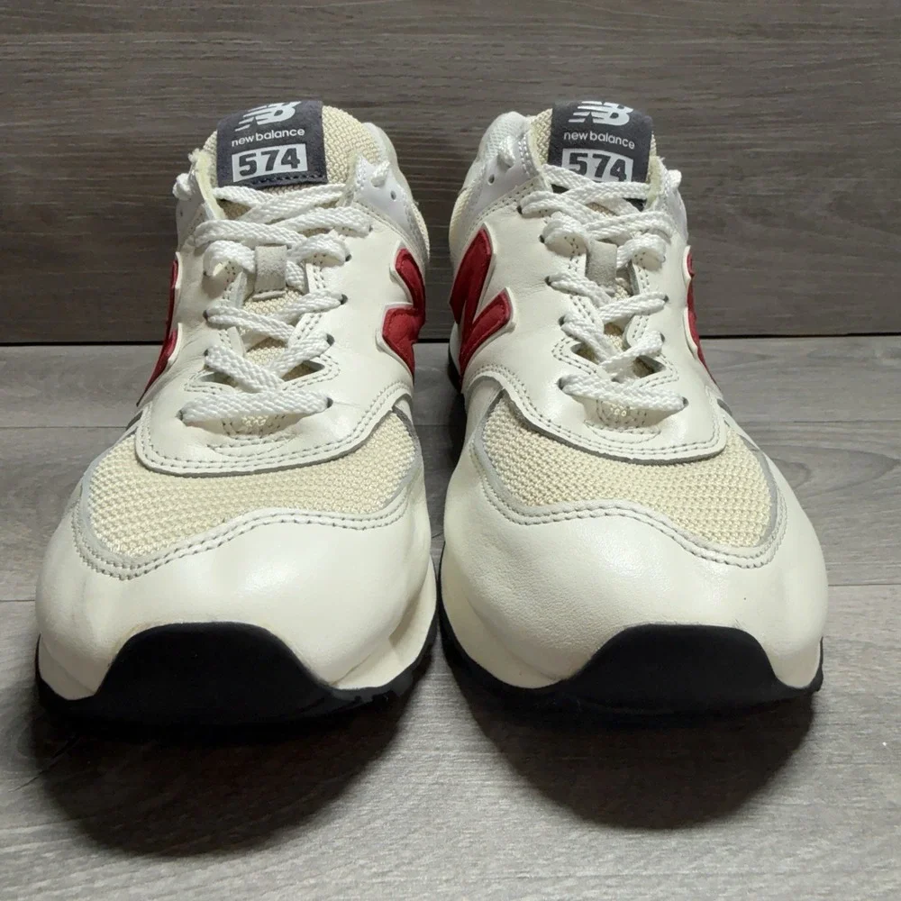 New Balance 574 Sea Salt Navy White Red Leather Shoes Sneakers Men's Size 10.5 D